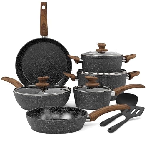 Kitchen Academy Lot Poele et Casserole Induction, Set Poele et Casserole Induction 12 Pièces Batterie de Cuisine avec Couvercle, Revêtement Antiadhésif
