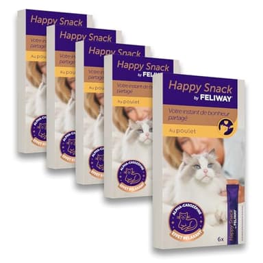 Happy Snack by FELIWAY - Pack de 5 boites - Friandise Onctueuse Relaxante pour Chat - Appréciée par 86% des Chats - sans Somnolence - Au Poulet - 30 Sticks de 15g