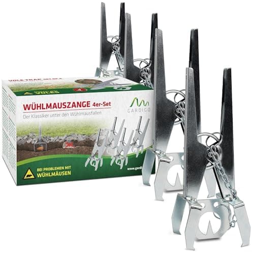 GARDIGO® Pièges à Campagnols - Lot de 4 avec Plaques à Appâts Enchaînés - Piège à Taupe I Pince à Campagnols Réutilisable I Option de Capture des Deux Côtés I Résistant à la Corrosion.