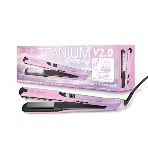 Demeliss - Lisseur Vapeur Titanium V2.0 - Plaques Flottantes Fines, Légères et Ergonomiques - Vapeur Ultra Puissante - Fer à Vapeur 2 en 1 Lisseur/Boucleur - Tous Types de Cheveux