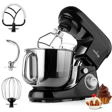 LEHMANN LHOPM-1305C Robot Pâtissier Multifonction 2200 W, Robot Culinaire à Mouvement Planétaire avec Fouet, Batteur, Crochet, Bol d'Acier Inoxydable 5 Litres, 6 Vitesses et Fonction Pulse, Noir