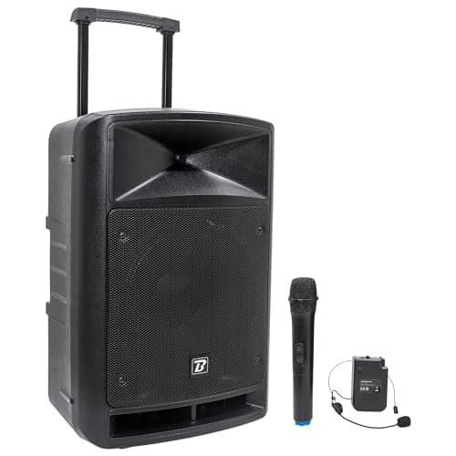 Système de Sonorisation Portable Noir 600W avec Bluetooth, BoomTone DJ TRAVELSOUND12-VHF. Lecteur USB, SD et Micro Main et Serre-tête VHF Inclus. Idéal pour DJ, Karaoké, Spectacles de Rue et Fête