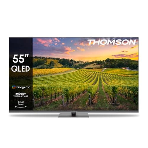 THOMSON 55 Pouces (139cm) QLED Zentraler Standfuß Google Smart TV, Wi-FI, Dolby Vision IQ, Dolby Atmos, HDR10, Bluetooth 5.1, Triple-Tuner (Câble/Satellite/Antenne), HDMI, CI+, A+ Panneau - 55QG5C14
