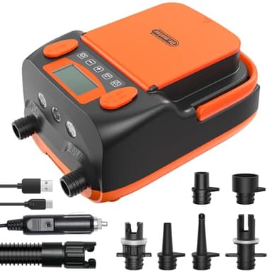 Dr.meter 6000mah Pompe à Air électrique pour Stand up Paddle, 12V DC Haute Pression avec 2 Ports USB 3 Lumières LED et 6 Buses pour gonflables Stand Up Paddle, Matelas,Bateaux,Tente