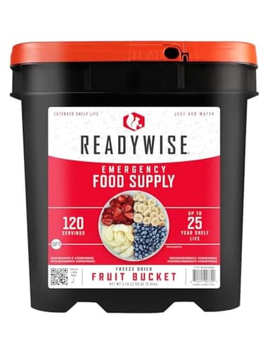 ReadyWise, 120 Portions MRE, Ration d'urgence, Seau de fruits mélangés, Banane, Fraise, Pomme et Pêche, Lyophilisé, Durée de conservation de 20 ans, Nourriture d'urgence