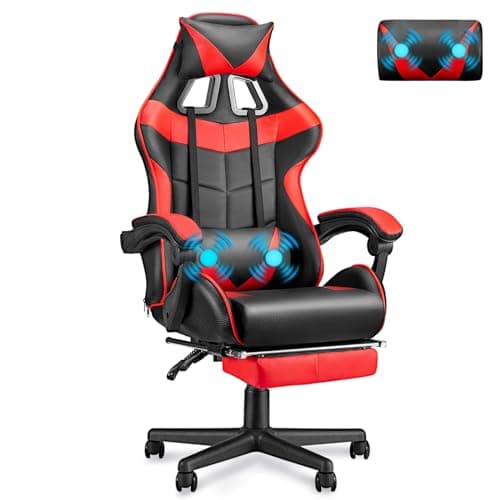 Soontrans Chaise Gaming Racing Massante, Siege Gaming avec Soutien Lombaire Massage et Appui-tête, Dossier Haut, Fauteuil Pivotant pour Youtube Livestream Playstation (Rouge)