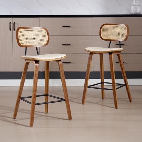 chairus Tabourets de Bar Lot de 2 Tabourets de Comptoir Bois et Métal Chaise Haute Bar avec Dossier Rotin pour Central Îlot, Beige