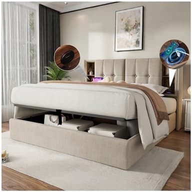 Sapgaks lit Coffre 180x200cm avec Chargement sans Fil、USB et Type-C,lit 180x 200 avec sommier en Bois-Lin Naturel,Naturel