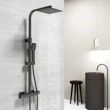 Acezanble Colonne de Douche Thermostatique,Système de douche thermostatique 38°C,Colonne de Douche Acier Inoxydable avec Mitigeur Salle de Bain,20x20CM Pommeau de Douche,Carré,Mitigeur Douche Noir