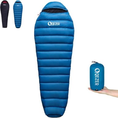 Sac de Couchage en Duvet QEZER, Sac de Couchage en Duvet ultraléger 660FP, Petite Taille jusqu'à -5°C, ne pèse Que 820g, pour Le Camping et la randonnée en Plein air (Bleu 2℃)