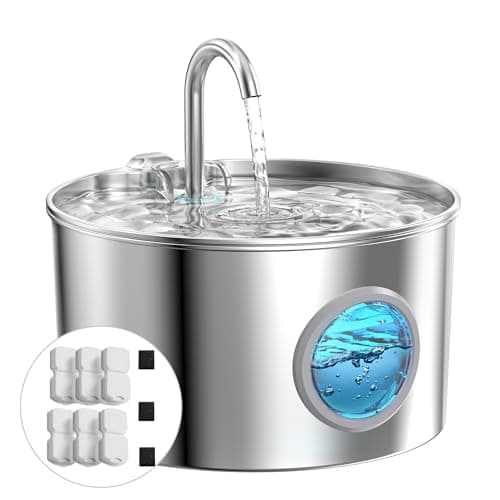 Fontaine a Eau Chat INOX: avec 6 Filtres + 3 éponges - 2,2L Fontaine à Eau pour Chat - Distributeur Eau Chat Automatique - Silencieux Fontaine Eau Chat - Gardez l’Eau Propre