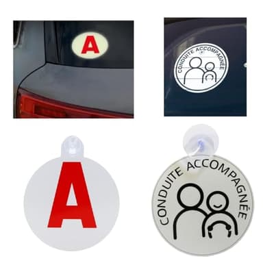 CANOCEA Lot 2 = Disque A Jeune conducteur + Disque CA Conduite accompagnée - réfléchissant à Ventouse - Fabriqué en France - visibilité Jour/Nuit -sécurité routière