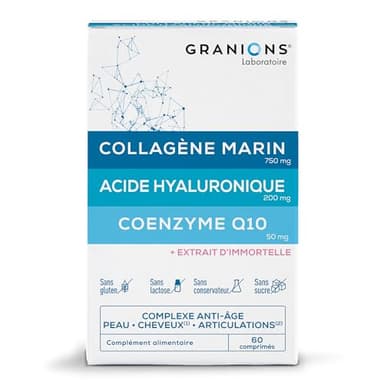 GRANIONS - Collagene Marin - Collagene et Acide Hyaluronique + Coenzyme Q10 - Collagene pour Cheveux, Peau, Articulation, Ongles - Collagene Marin + Selenium + Acide Hyaluronique - 60 Comprimés