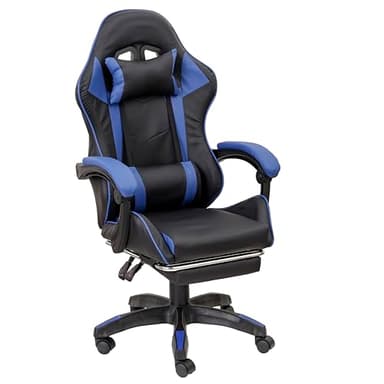 Baroni Home Chaise Gaming avec Dossier Ergonomique Incliné et Hauteur Réglable, Chaise de Bureau avec Support Lombaire, Tête Repose-Mollet Rembourré et Repose-Pieds Extensible, Bleu, 58x66x114-124 cm