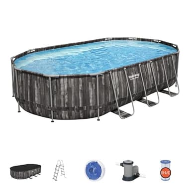 Piscine BESTWAY Hors Sol Ovale Power Steel™ décor Bois, 610 x 366 x 122 cm, Filtre à Cartouche
