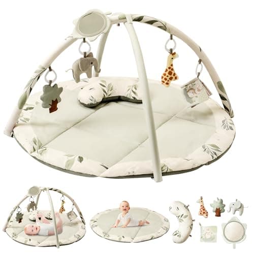 Fortella Tapis d'éveil Bébé, Thème Naturel, Arche amovible, Tapis de Jeux avec 5 Jouets d'activité et un coussin, Cadeau pour nouveau né, enfant, fille et garcon, Dès la Naissance, 0-3-6-12 Mois(Vert)