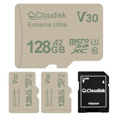 Cloudisk Lot de 3 cartes Micro SD U3 V30 Extreme Ultra C10 A2 MicroSDXC UHS-I pour appareil photo, DVR, tablette PC et téléphone portable 128 Go