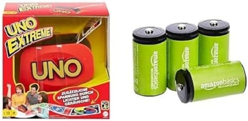 UNO Extreme Card Game Featuring Random-Action Launcher with Lights & Sounds & 112 Cards, Kid, Teen & Adult Game Night Gift Ages 7+, GXY75 & Amazon Basics - Piles C rechargeables 1.2 V - Lot de 4