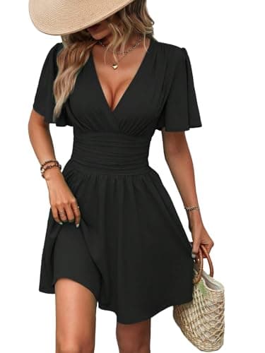 LIAMERHE Robe Femme Manches Courtes Col V Elegant Robes Ete Robe de Plage D'été 2024 A-Line Casual Robe à Fleurs Noir S