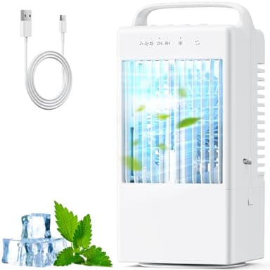 Climatiseur Mobile, Climatiseur Portable, 4 en 1 Refroidisseur d'air Portable, USB Mini Climatiseur Ventilateur avec 90° Oscillation, 2/4H Minuterie, 3 Vitesses, LED 7 Colorées, Maison, Bureau