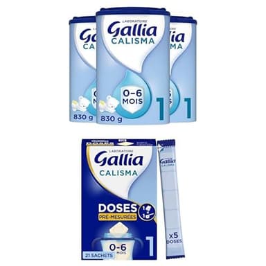 Lot Gallia Calisma 1 – Lait Bébé 0-6 Mois – 3x830g + 21 Sachets Pré-Mesurés (479g) – Sans Huile de Palme – Dès la Naissance – Pratique, Précis et Prêt à l’Emploi