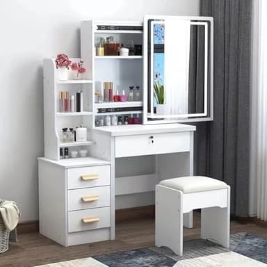 Coiffeuse avec Miroir et Chaise, Coiffeuse avec éclairage LED, Miroir Coulissant, 4 tiroirs, étagères dissimulées et Tabouret, Coiffeuse Moderne avec Miroir et Tabouret pour Chambre