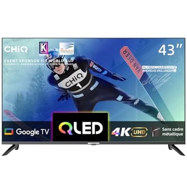 CHIQ TV Intelligente U43QM8G 43 Pouces, UHD QLED avec HDR, sans Cadre et métallique, Google TV, Dolby Audio, Syntoniseur Triple, Wi-FI 2,4G/5G, Google Assistant, HDMI 2.1, USB2.0, Modèle 2023 Noir