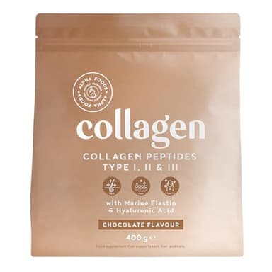 Collagene Poudre [400gr] | Collagen Peptides (Type I, II & III) | Élastine Marin + Acide Hyaluronique | Collagène Hydrolysé en Poudre | Chocolat | Alpha Foods