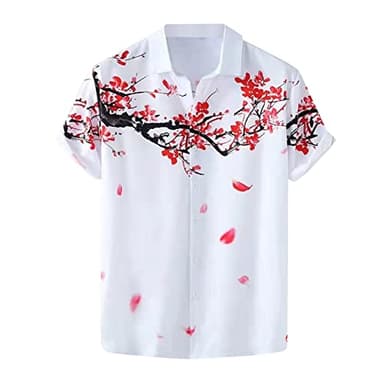 Générique Chemise Homme Noir Et Or Homme été décontracté Haut Chemise Fleur imprimé Bouton Mode Chemises à Manches Courtes col Rabattu Chemise Quotidienne (White, M)