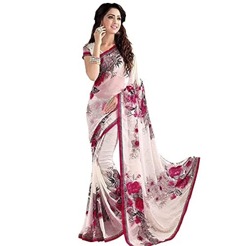 Aashita Creations 1137 Sari tissé uni avec chemisier pour femme Motif floral Georgette, Blanc et Majenta, taille unique