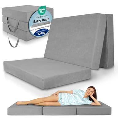 Beautissu Premium XXL Matelas Pliable 120x200 cm Gris avec Poche – Matelas Pliant Extra Épaisse Housse Lavable – Lit d'Appoint Mousse Visqueuse Transport Facile & Grand Confort Sommeil