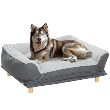 PawHut Canapé pour Chien, Fauteuil Chien, Dessus Amovible, Housse Amovible et Lavable, Pieds en Bois de pin avec Patins antidérapants, 100 x 70 x 30 cm, Gris