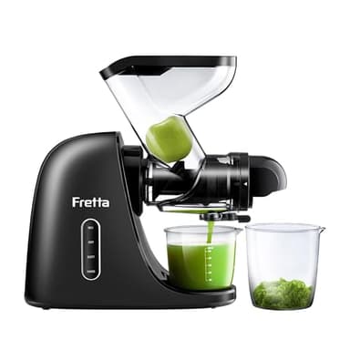 Fretta Extracteur de Jus à Pression à Froid, Goulotte d'alimentation Large de 76 MM, Presse-agrumes à Froid sans BPA, Extracteur de Jus de Fruits et Légumes, Recettes de Jus Incluses (Noir)