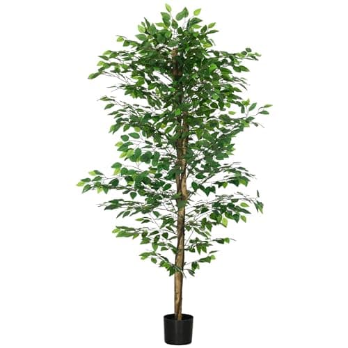 HOMCOM Plante Artificielle Arbre Artificiel ficus Hauteur 1,80 m Tronc Branches Liane Lichen Feuilles Grand réalisme Pot Inclus, intérieur, Vert