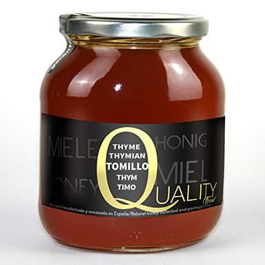 Miel d'abeille pur 100%. Miel brut. 1 Kg. Produit en Espagne. Non pasteurisé et non chauffé. Artisan de haute qualité. Bocal en verre. Grande variété de saveurs exquises. (Thym)