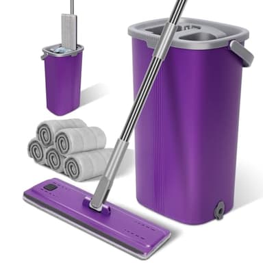 Zvonema Balai Serpillère Essoreur avec Seau, Serpillière Plat Rotatif 360° et Seau à 2 Compartiments, 2 en 1 Sceau Menage Essoreur avec 5 Tampons en Microfibre, Balais Serpillère Nettoyer Sol, Violet