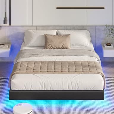 DICTAC Lit 140x190 cm Design Flottant avec Éclairage LED, Cadre de Lit 140x190 avec Sommier à Lattes en Bois et Structure en métal, Lits 2 Personnes sans tête de lit, Lits Double Noir PU
