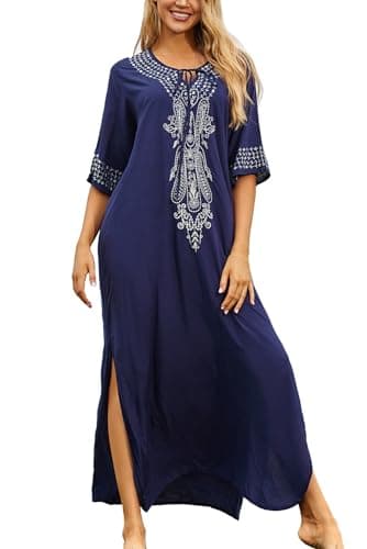 L-Peach Femme Été Coton Broderie Florale Longue Kaftan Robe Paréo de Plage pour Maillot de Bain, Bleu Foncé, Taille unique