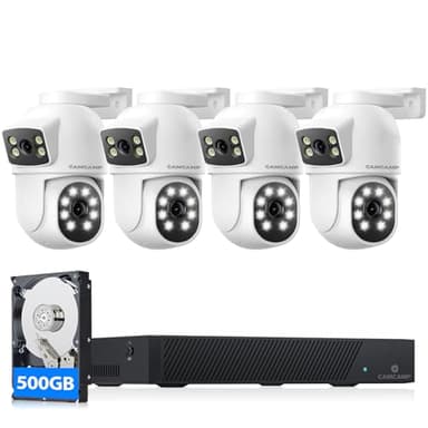 CAMCAMP Kit Video Surveillance POE PTZ Double Objectif, 8CH NVR Kit Caméra de Surveillance POE Extérieure avec 500GB HDD et 4X4MP Caméras IP PoE,360° Vision Nocturne Couleur,Enregistrement 24/7,IP66
