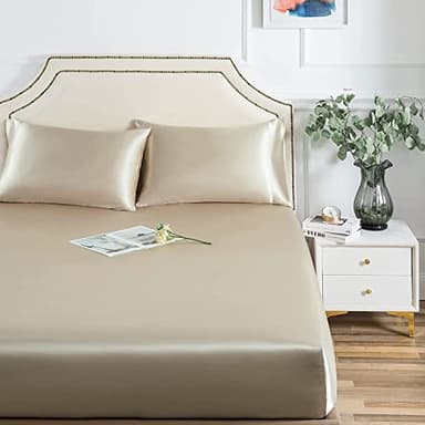Damier Drap-housse en satin 180 x 200 cm - Beige - Soie brillante - Convient pour matelas jusqu'à 25 cm