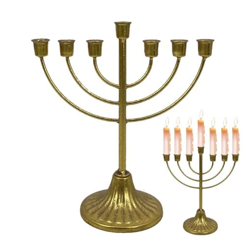 Amesor Hanukkah Menorah - Menorah De Hanoukka avec 7 Branches | Vintage Iron Hanukkah Décorations | Bougeoir Doré Anti-décoloration | Bougeoir Cérémonie Aux Chandelles pour Le Cadeau De Hanoukka