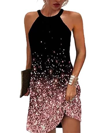 GRMLRPT Femme Robe Été sans Manches Robes Suspendu Cou Imprimé Mini Robe Décontractée Floral Robe de Plage Été Col Rond Chic(L,Rose)