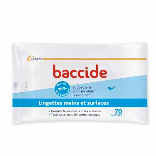 BACCIDE - Lingettes - Désinfectent les mains et les surfaces - Eliminent 99,9% des bactéries - Sachet 70 lingettes