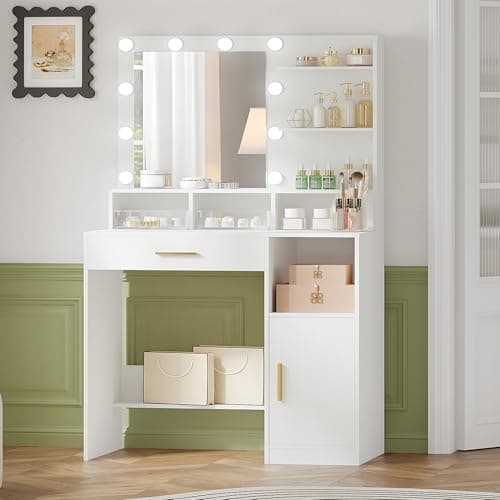 Hzuaneri Coiffeuse avec Miroir, Coiffeuse avec Miroir LED, Dressing Table de Maquillage avec 3 étagères et 4 Compartiments Ouverts, avec Grand Tiroir et Armoire, Blanc VT08103X