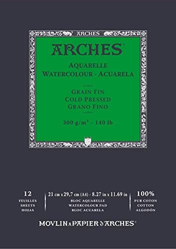 ARCHES Aquarelle - Bloc 12 feuilles 21x29,7 collé petit côté - 300g/m² - grain fin, blanc naturel, 4 bords francs