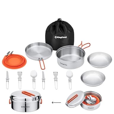 KingCamp Set de Casseroles et Poêles pour Camping en Acier Inoxydable 17 Pièces Camping Ustensiles Ultraléger Kit de Casseroles Camping Cuisine pour Randonnée Pique-Nique Pêche pour 2 Personnes