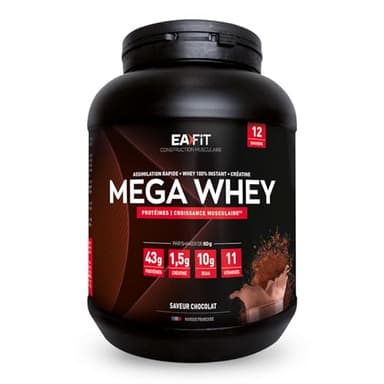 EAFIT- Mega Whey- construction musculaire pour la musculation- 43g de protéines de Whey+10g de BCAA+1,5g de créatine par shaker- Assimilation Rapide- Chocolat- 750g- Creatine monohydrate