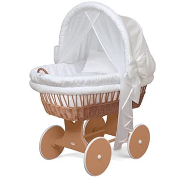 WALDIN Landau/Berceau bébé Complet, 24 modèles Disponibles, Cadre/Roues laqué en Marron, Couleur du Tissu Blanc