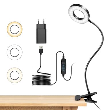 dowowdo Lampe de Bureau à Pince 48 LED Flexible à 360°Lampe Lecture Clipsable 3 Modes d’Éclairage &10 Niveaux de Luminosité Led USB pour Étude et Travail, Noir [Classe énergétique F]