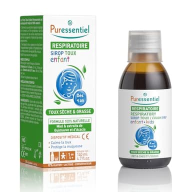 Puressentiel - Respiratoire - Sirop Toux sèche et grasse Enfant - Calme la toux et protège la muqueuse - Bébé à partir de 1 an - Arôme Naturel de Fraise - Dispositif médical - 140 ml